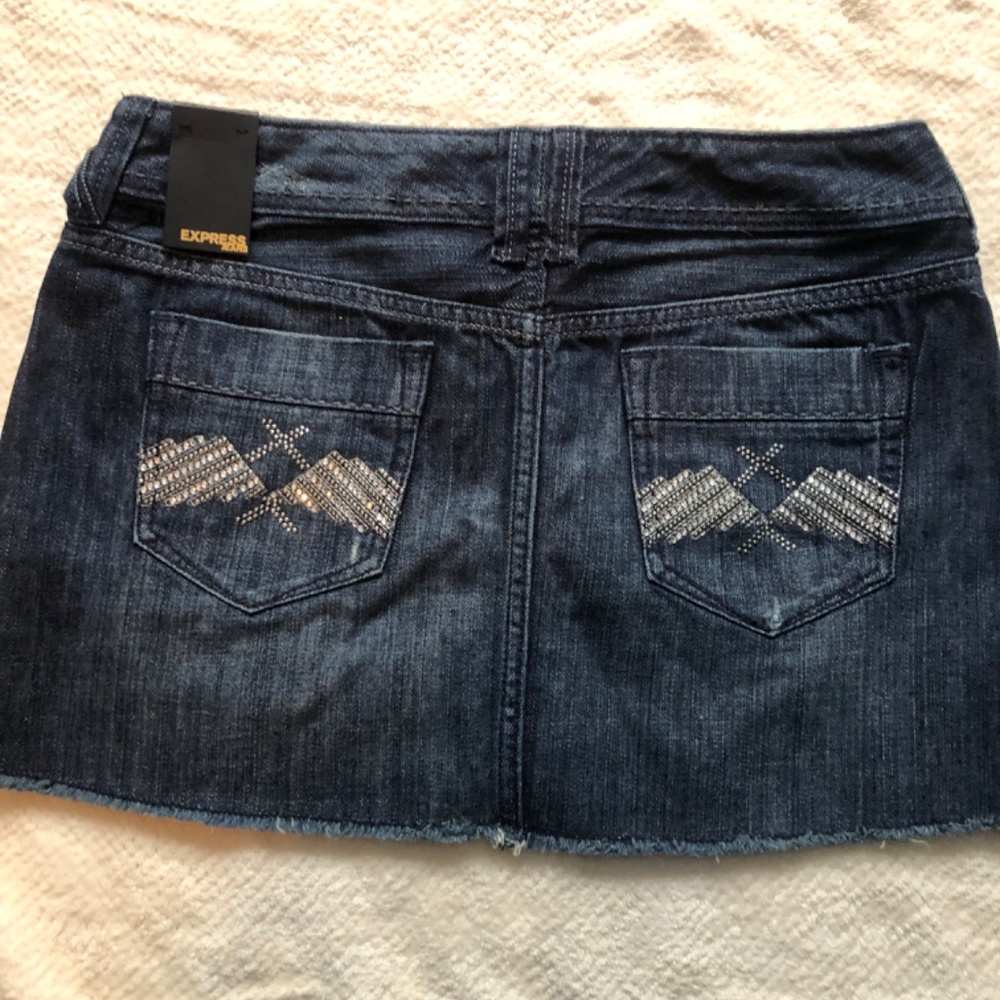 Express distressed blue denim mini skirt with rhinestone-embellished Pockets - Picture 3 of 5